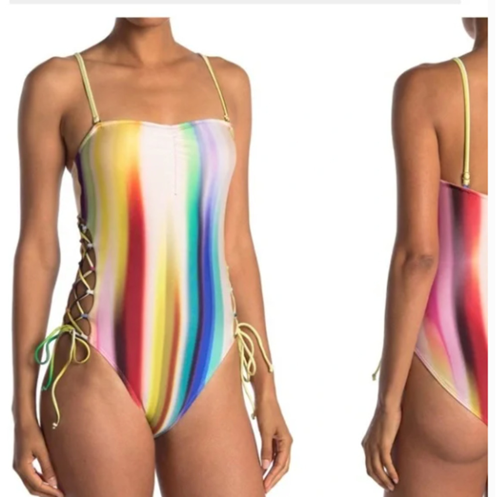 Rachel Roy One Piece Swimsuit Rainbow Strips Lace up sides XS NWT